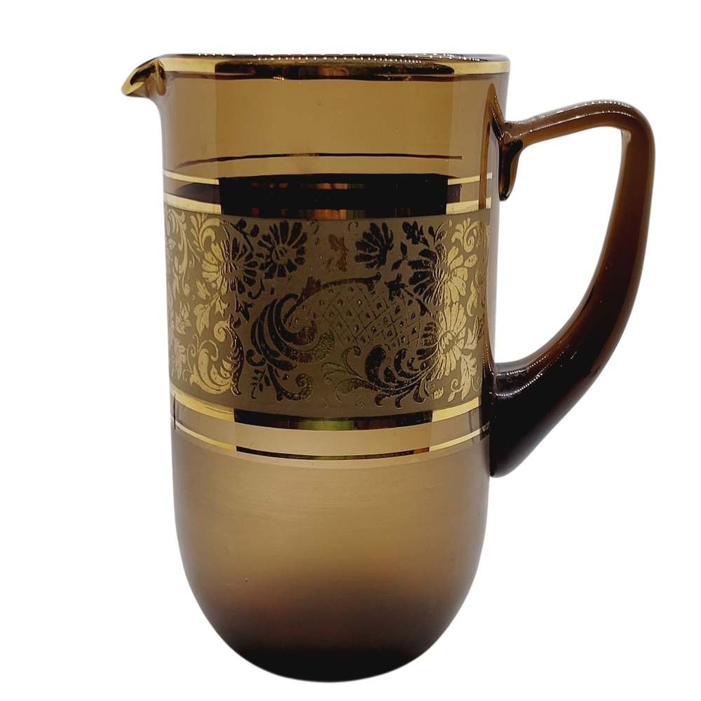 Mid Century Bohemian Glass Pitcher Brown Frosted Gold Accents Applied Handle